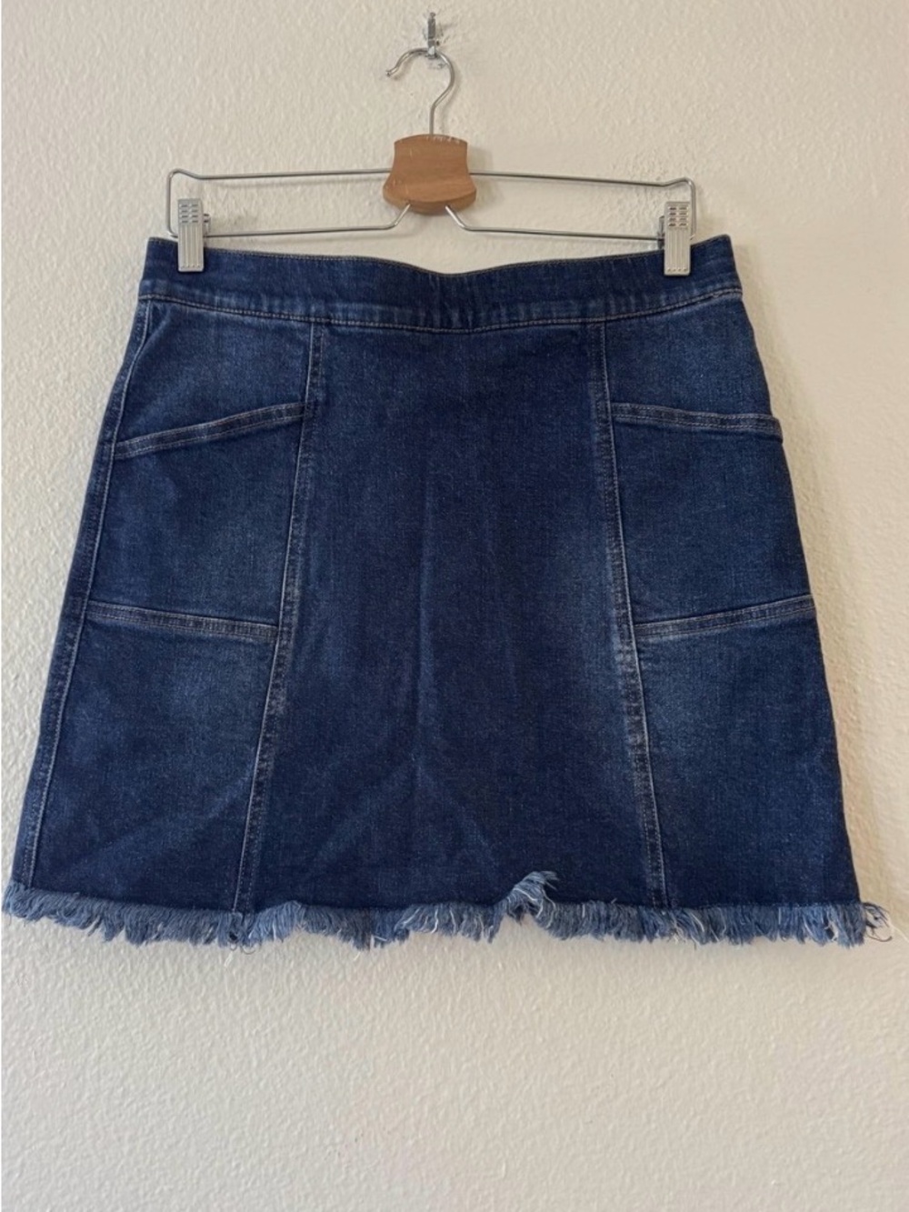 Multiples Dark Blue Denim Mini Skirt with Fringed Hem